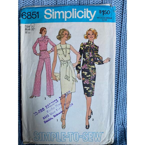 Simplicity 6851 pattern dress puff sleeve blouse wide leg pant 1970s size 14 - Picture 1 of 5